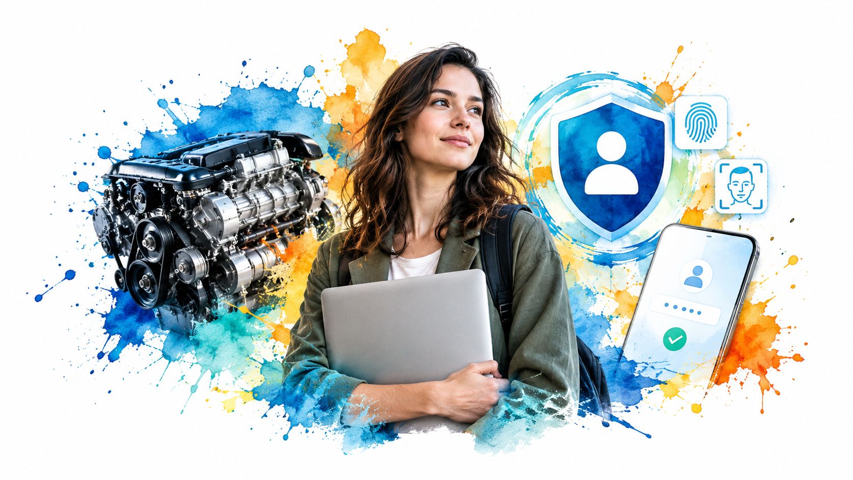 A woman holding a laptop in front of a digital security shield and a mechanical engine illustration.