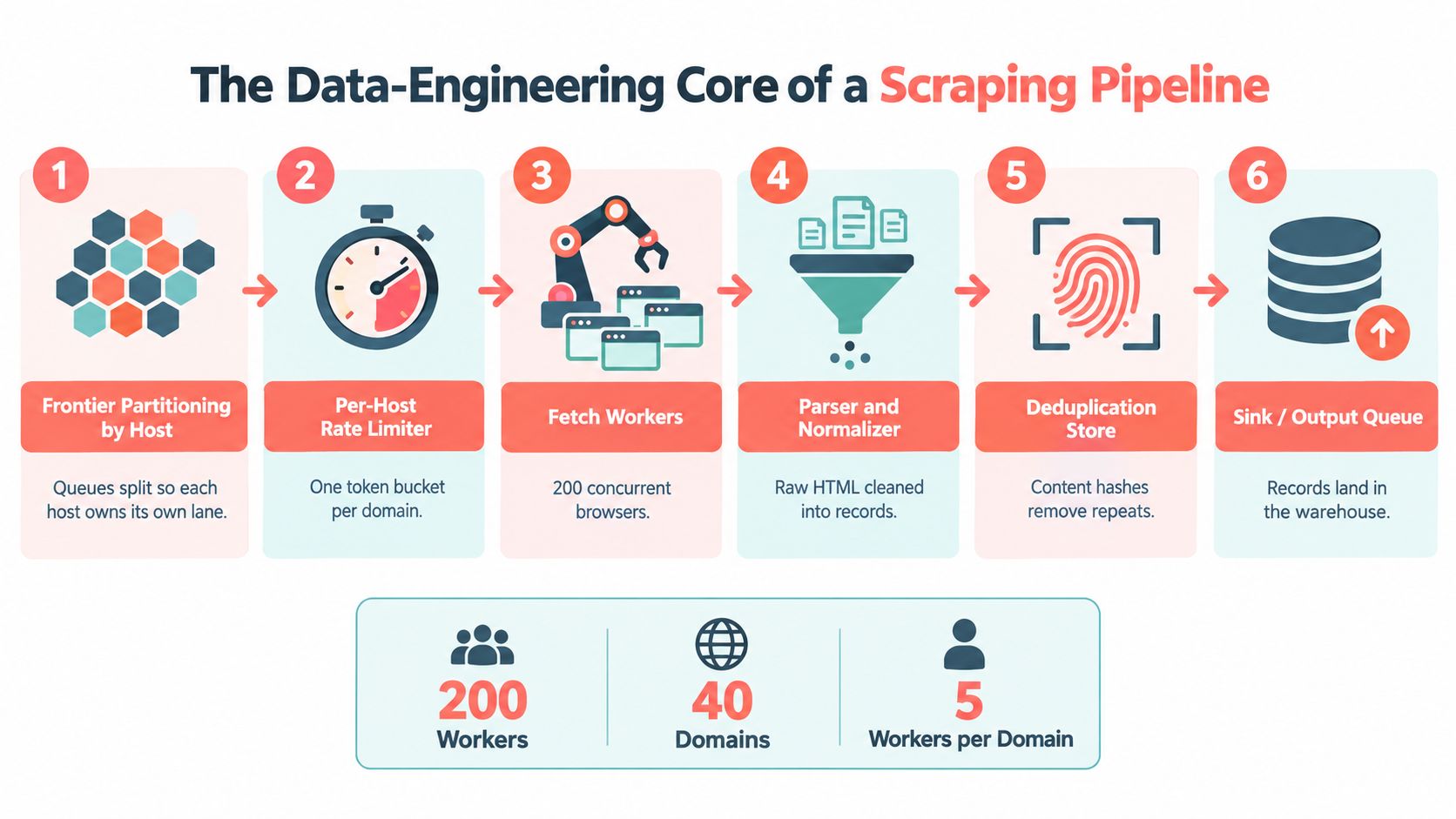 A six-step infographic illustrating the data engineering core process of a professional web scraping pipeline.