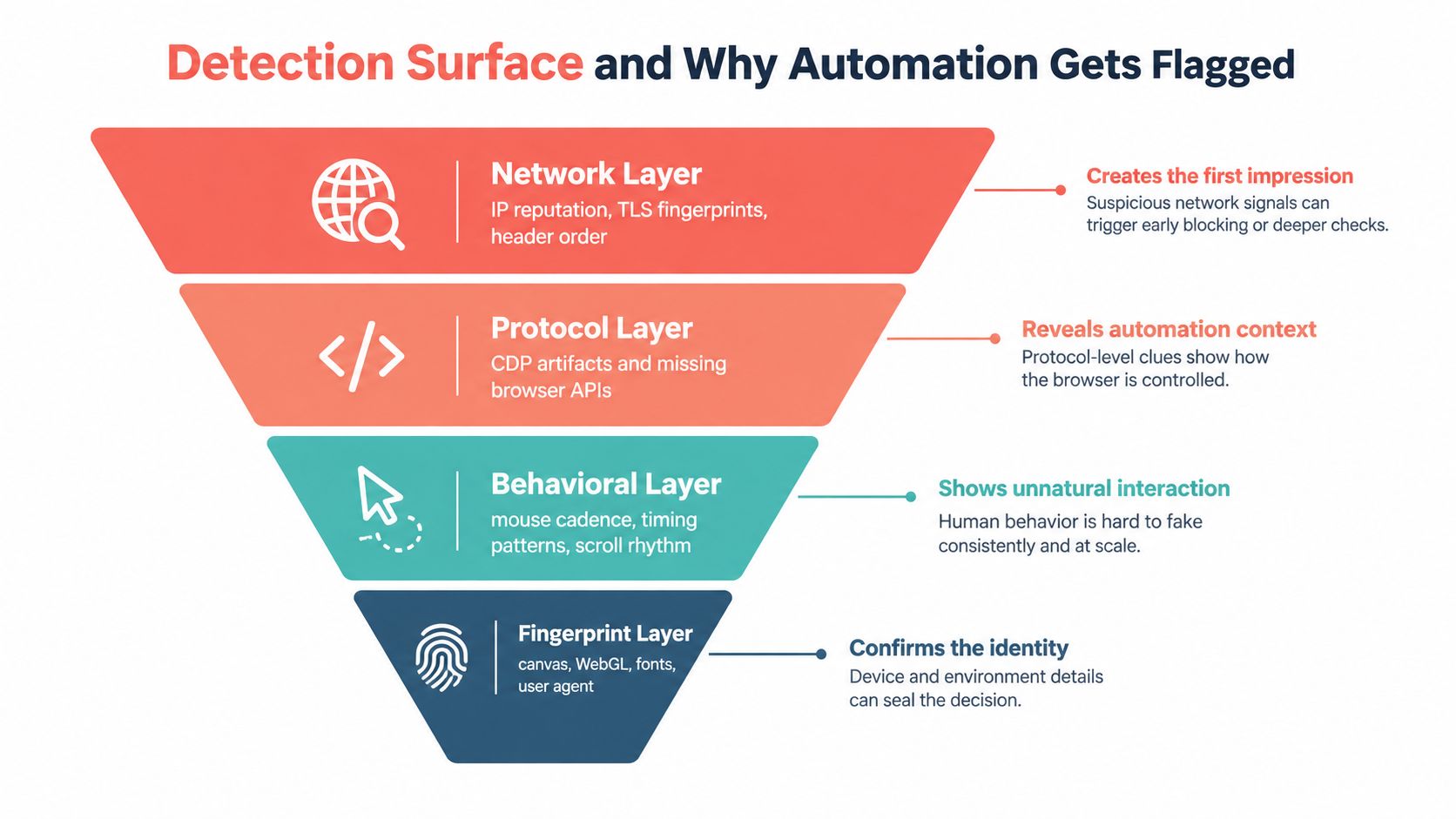 A funnel diagram explaining the four layers of detection surface that can flag automated web browser scripts.