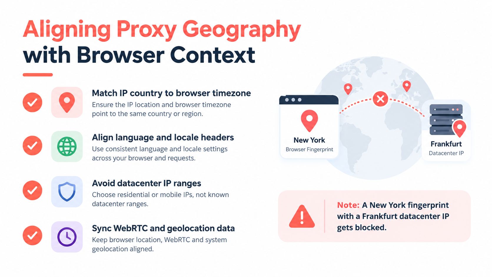 A guide illustrating how to align proxy geography with browser context to avoid bot detection and blocking.