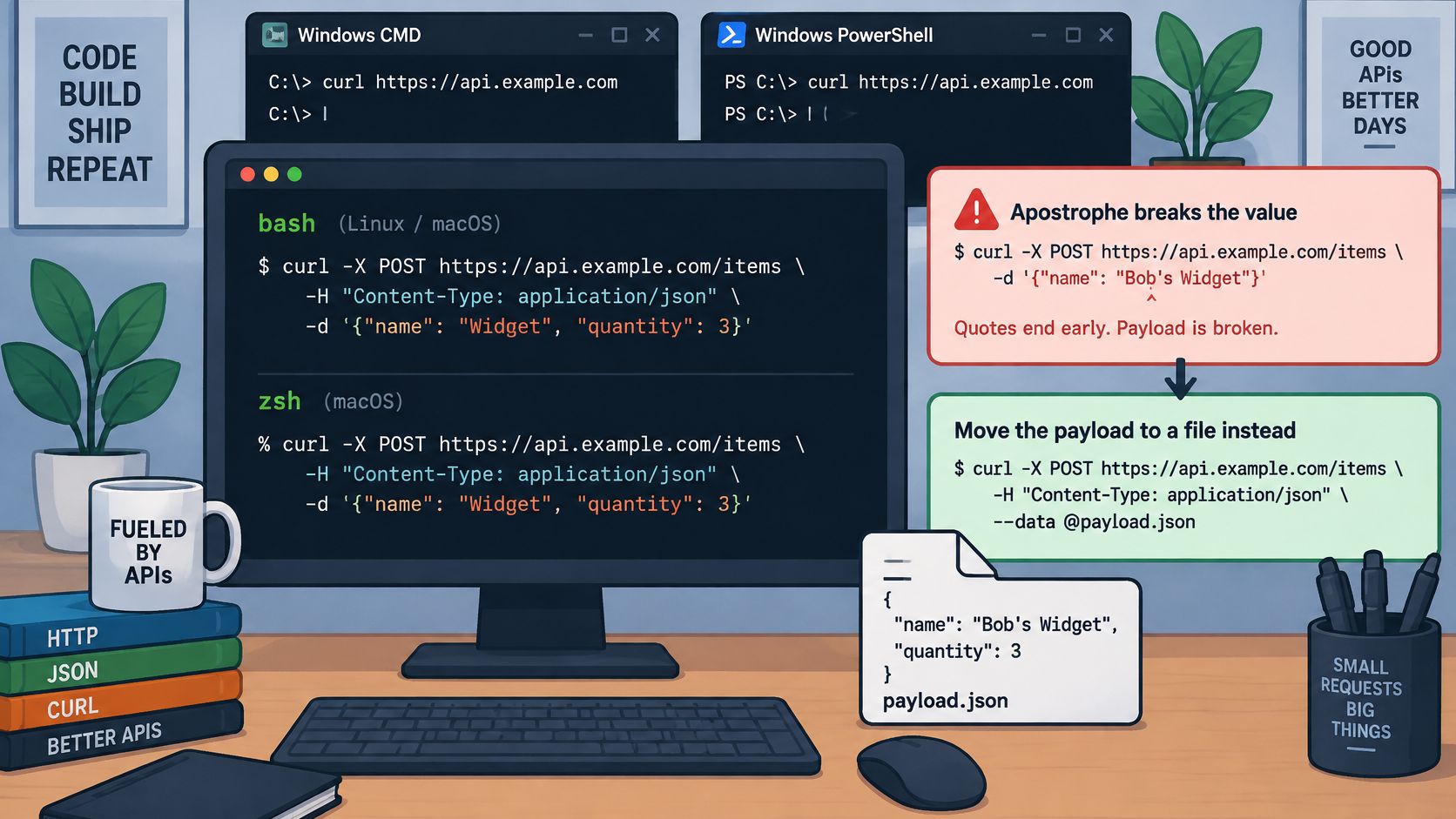 An educational illustration showing how to correctly handle JSON payloads in curl commands using external files.