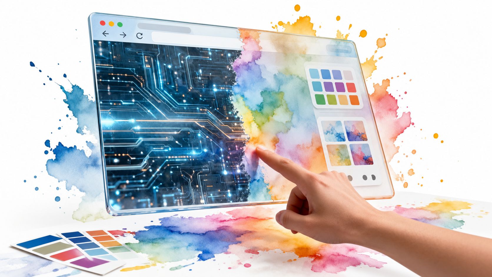 A hand interacting with a digital interface that blends computer circuitry with vibrant watercolor paint splatters.
