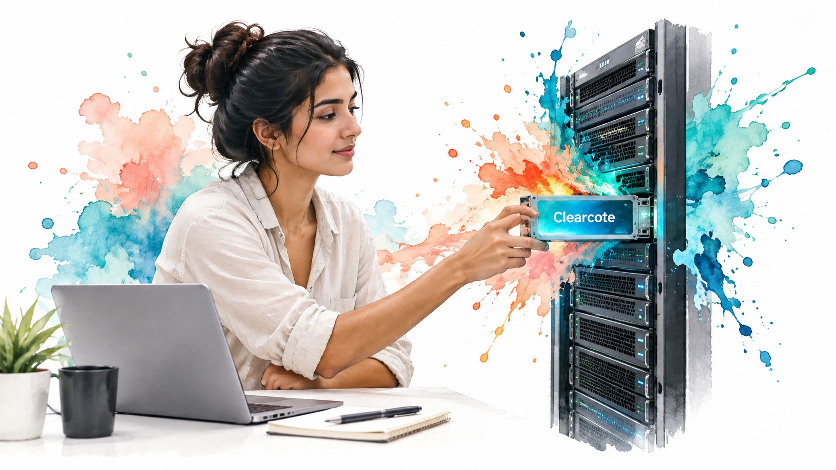 A woman interacting with a server rack featuring a glowing component labelled Clearcote amidst colorful paint splashes.