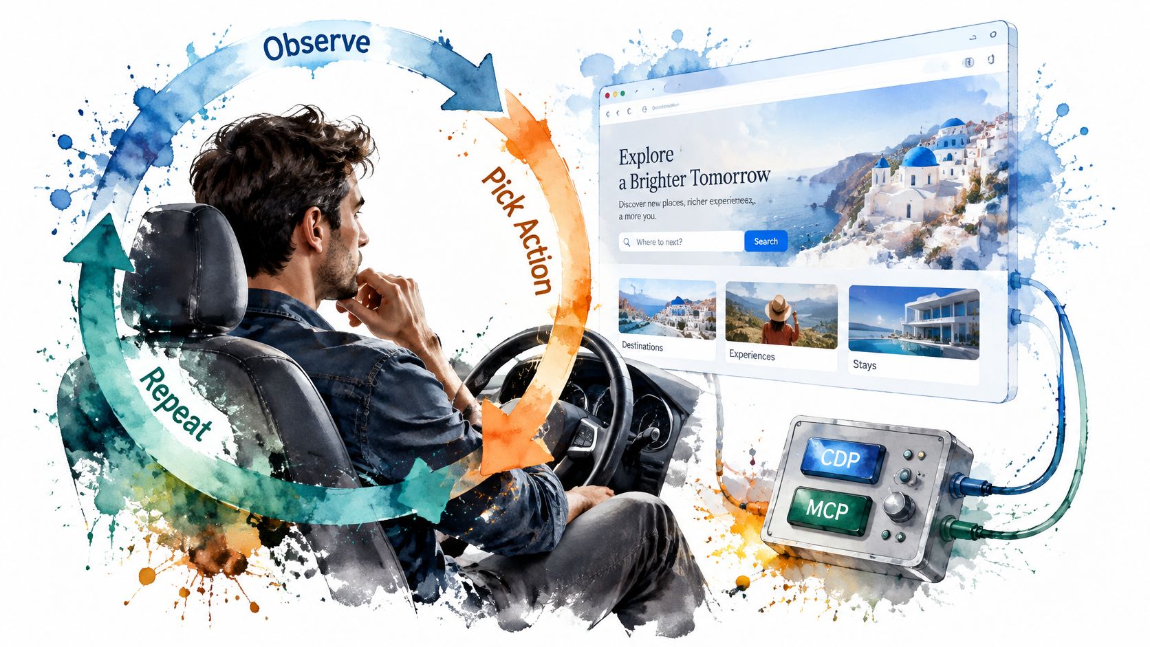 A person sitting in a car seat engaging with a digital interface, representing AI-driven data processes.