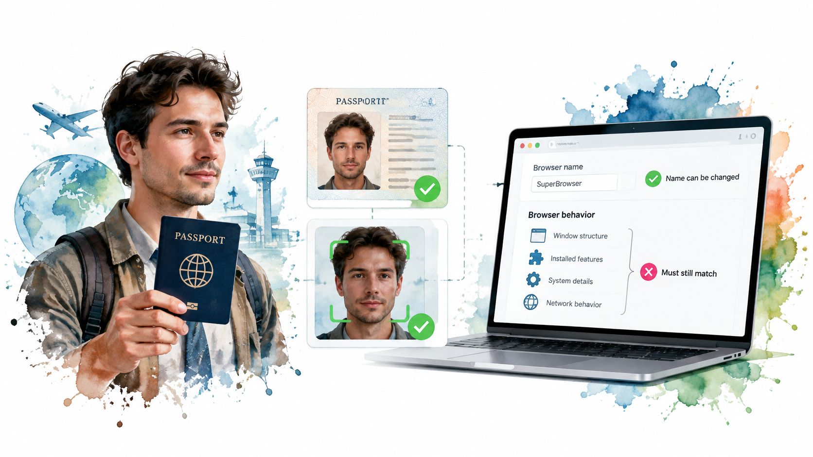 A man holding a passport next to a laptop displaying biometric identity verification and browser behavior settings.
