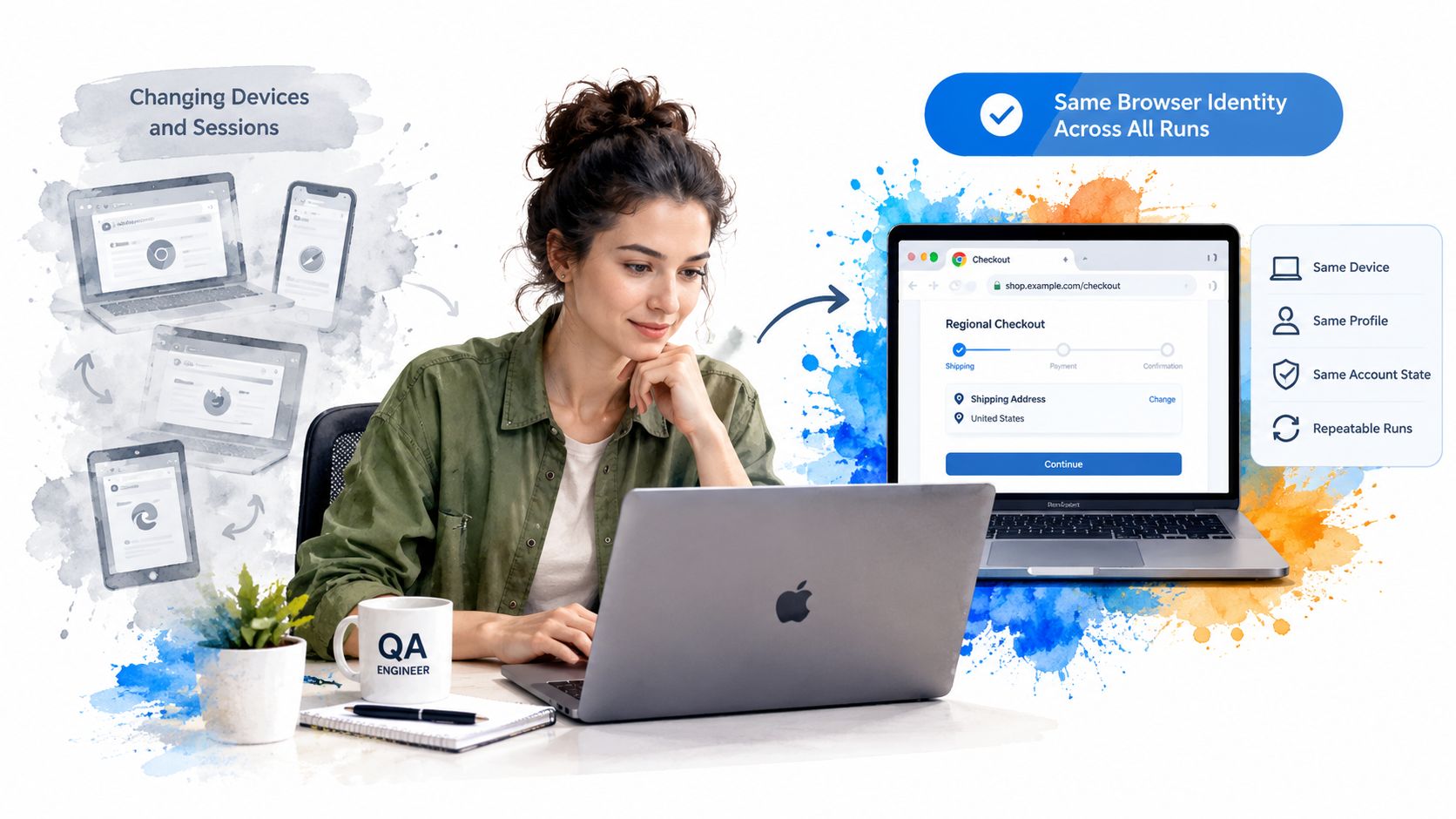 A professional QA engineer working on a laptop, demonstrating consistent browser identity across devices and sessions.