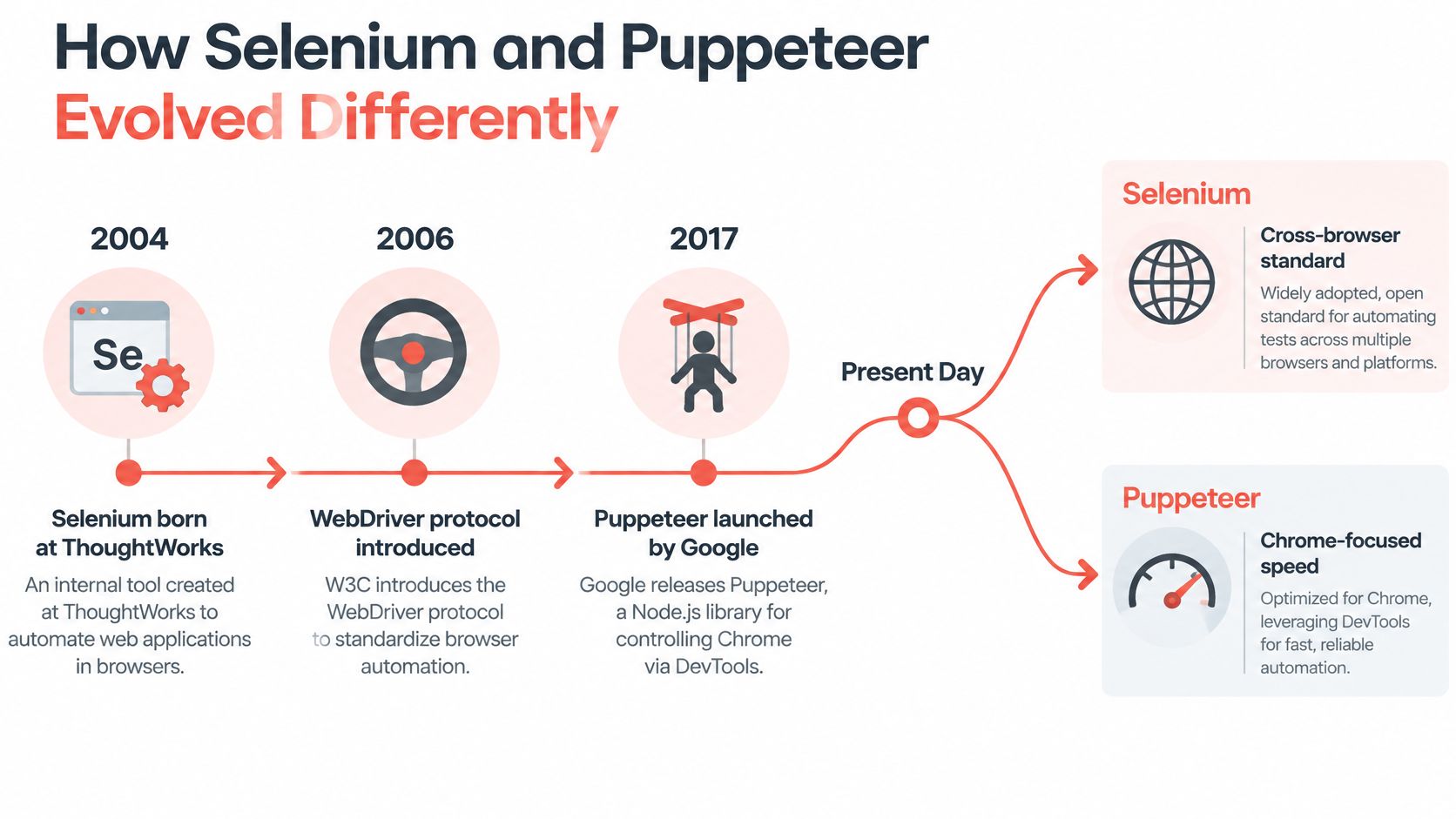 A timeline graphic illustrating the historical development of Selenium and Puppeteer for web browser automation technologies.