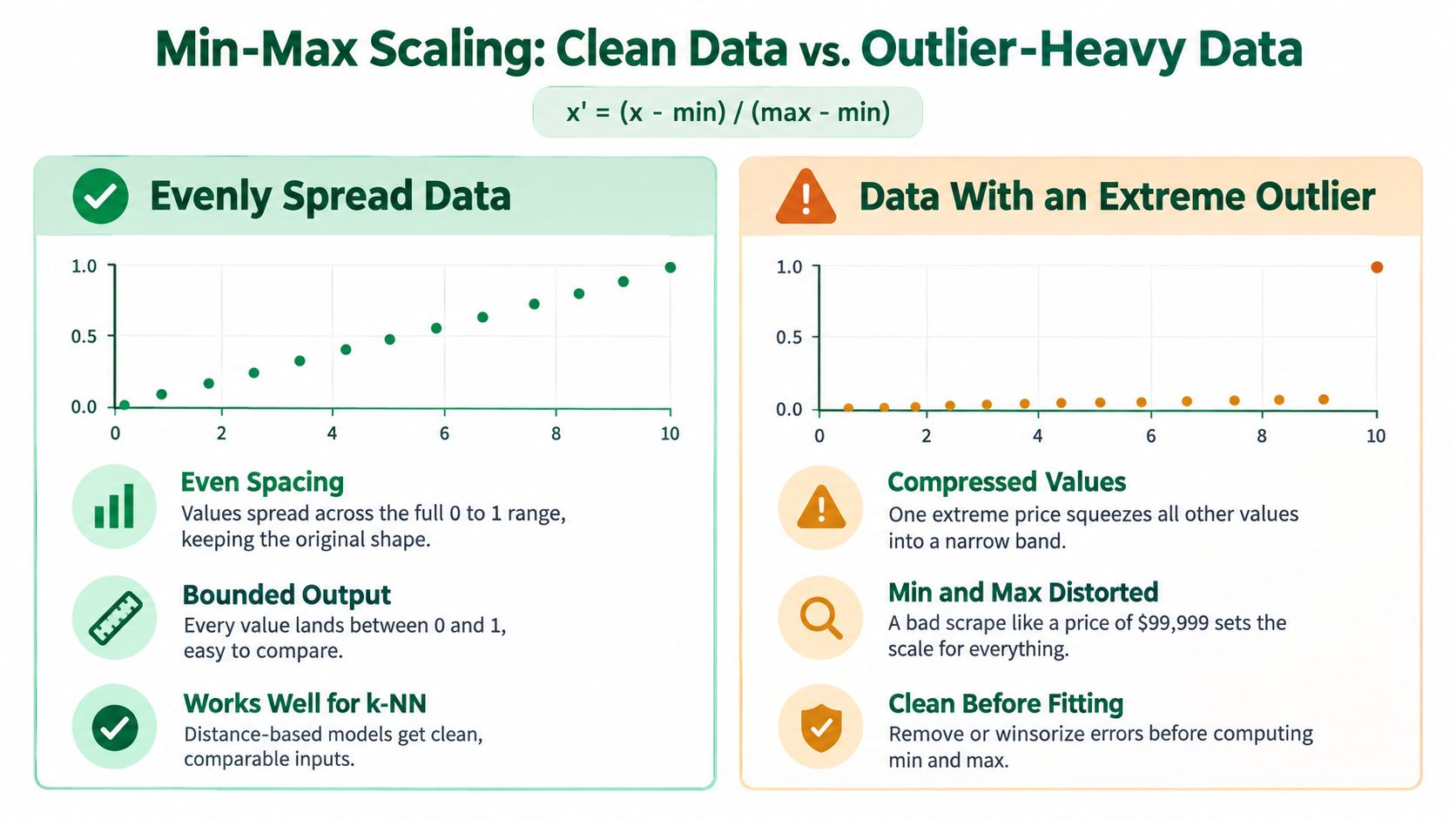 A comparison chart showing how Min-Max scaling affects evenly spread data versus data with extreme outliers.
