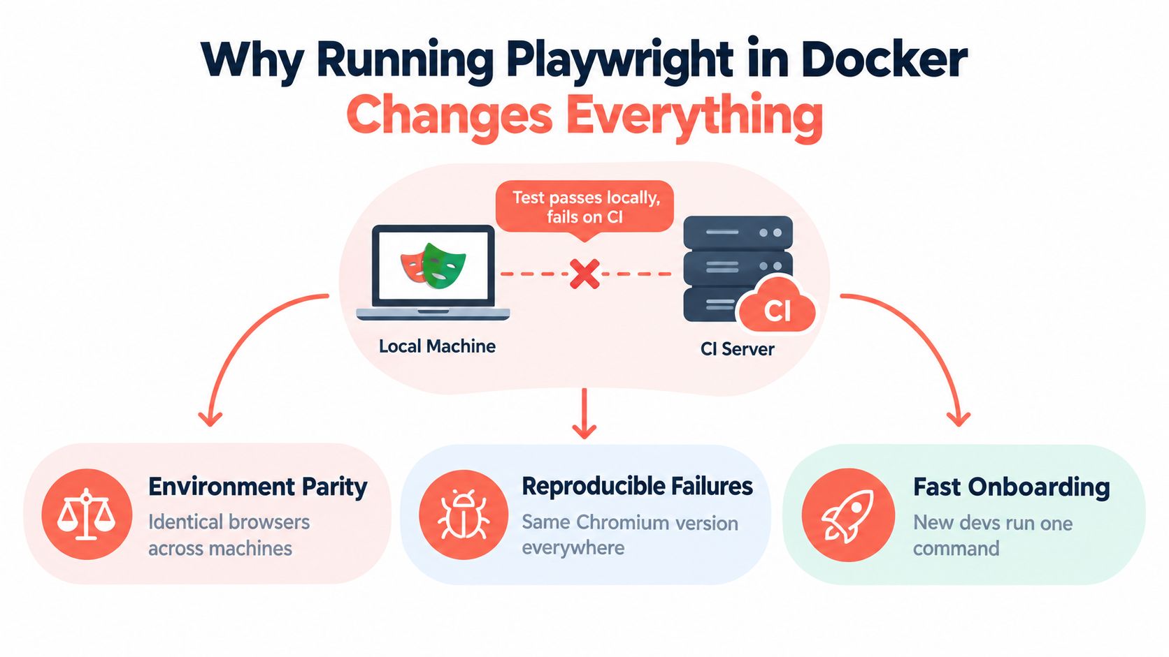 An infographic showing how running Playwright in Docker solves environment inconsistencies between local machines and CI servers.