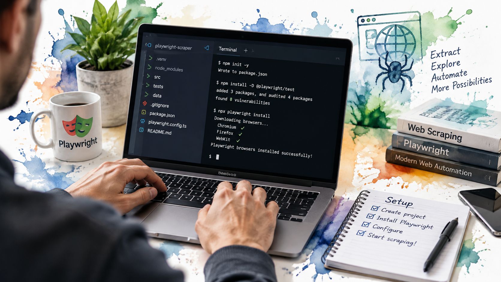A developer working on a laptop with a code terminal open for setting up Playwright web scraping.