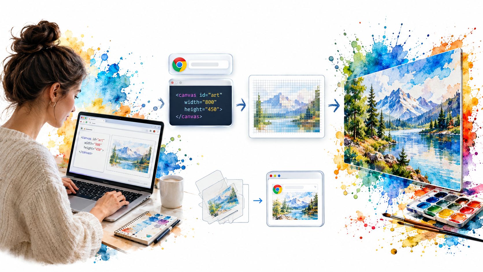 A digital artist creating a mountain landscape painting using web canvas coding on a laptop screen.