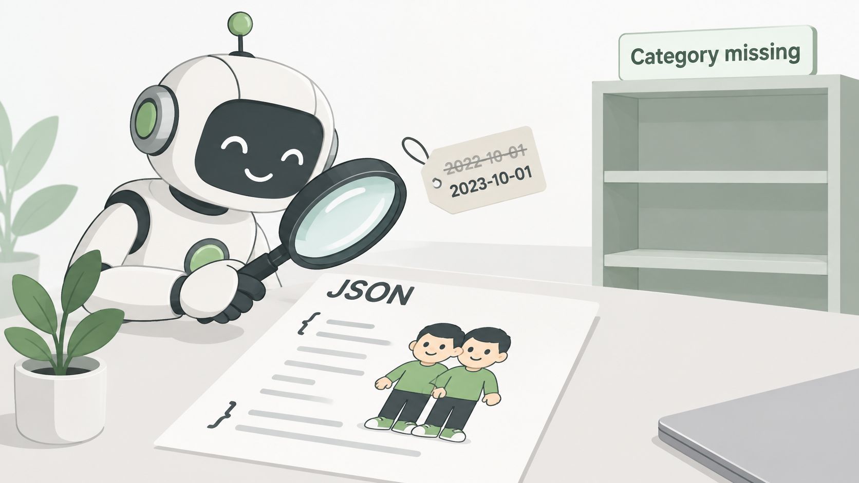 A friendly robot uses a magnifying glass to inspect a document labeled JSON with twin characters.