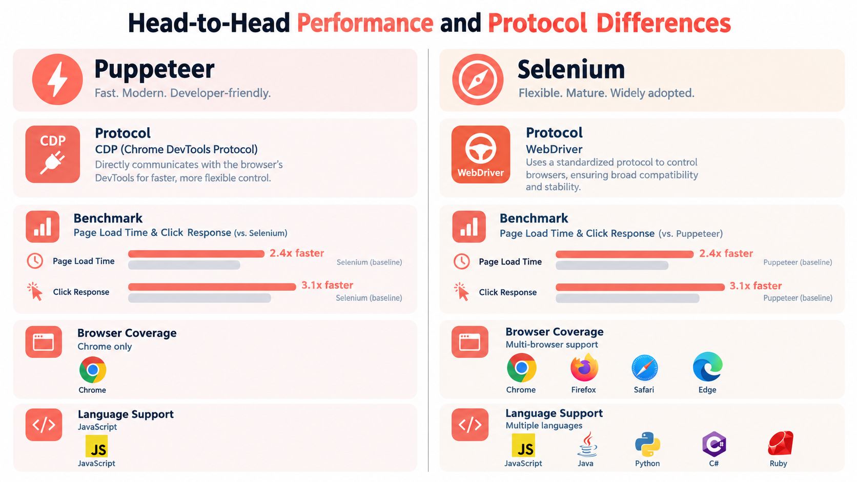 A comparison chart showing performance, protocol, and browser support differences between Puppeteer and Selenium automation frameworks.