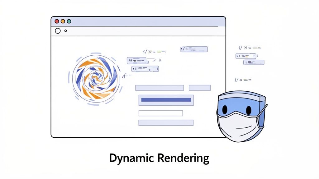 Illustration showing a web browser with dynamic content, code snippets, and a masked character, representing dynamic rendering.