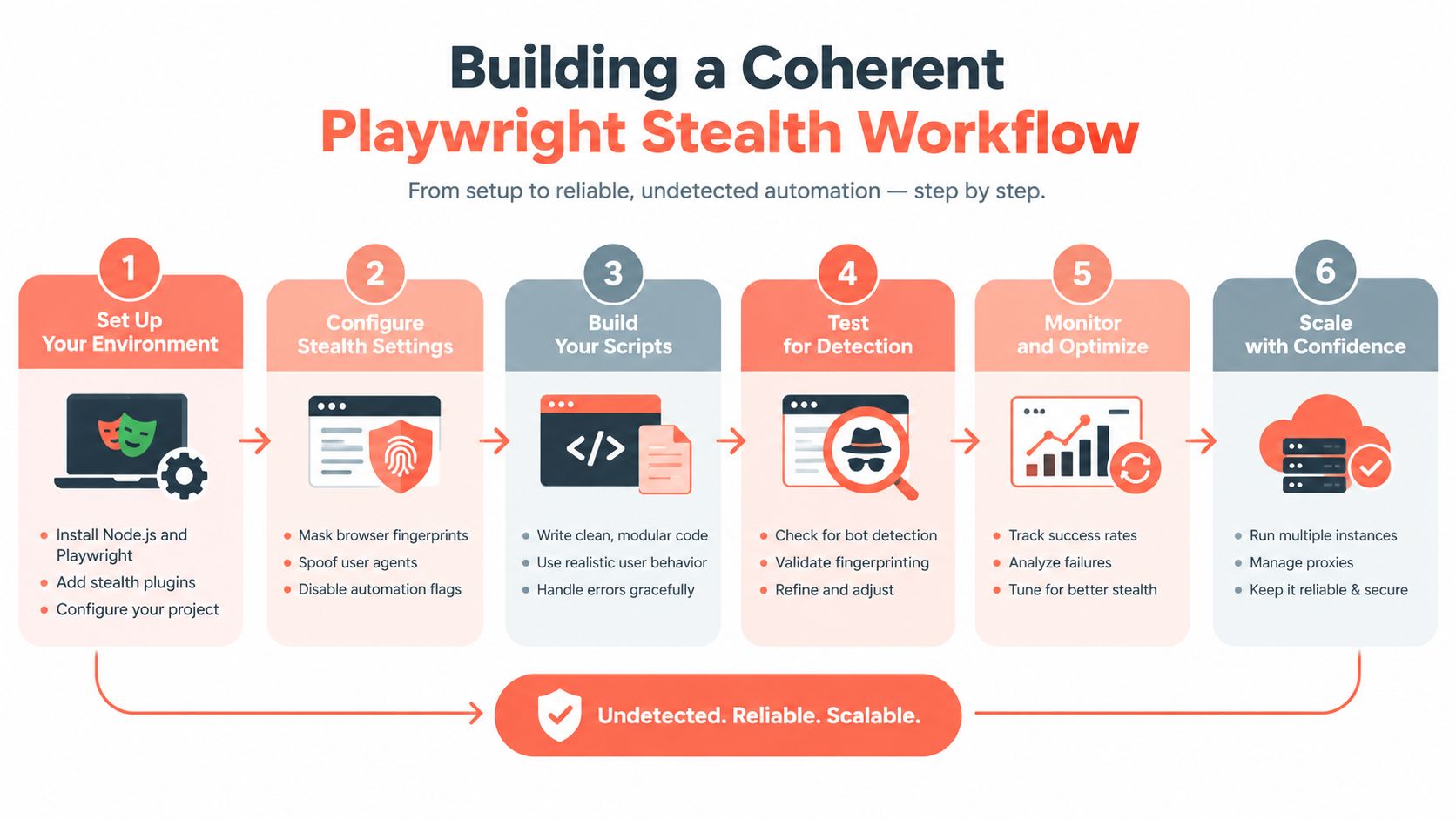 A six-step infographic detailing the workflow to build a coherent Playwright stealth automation system.