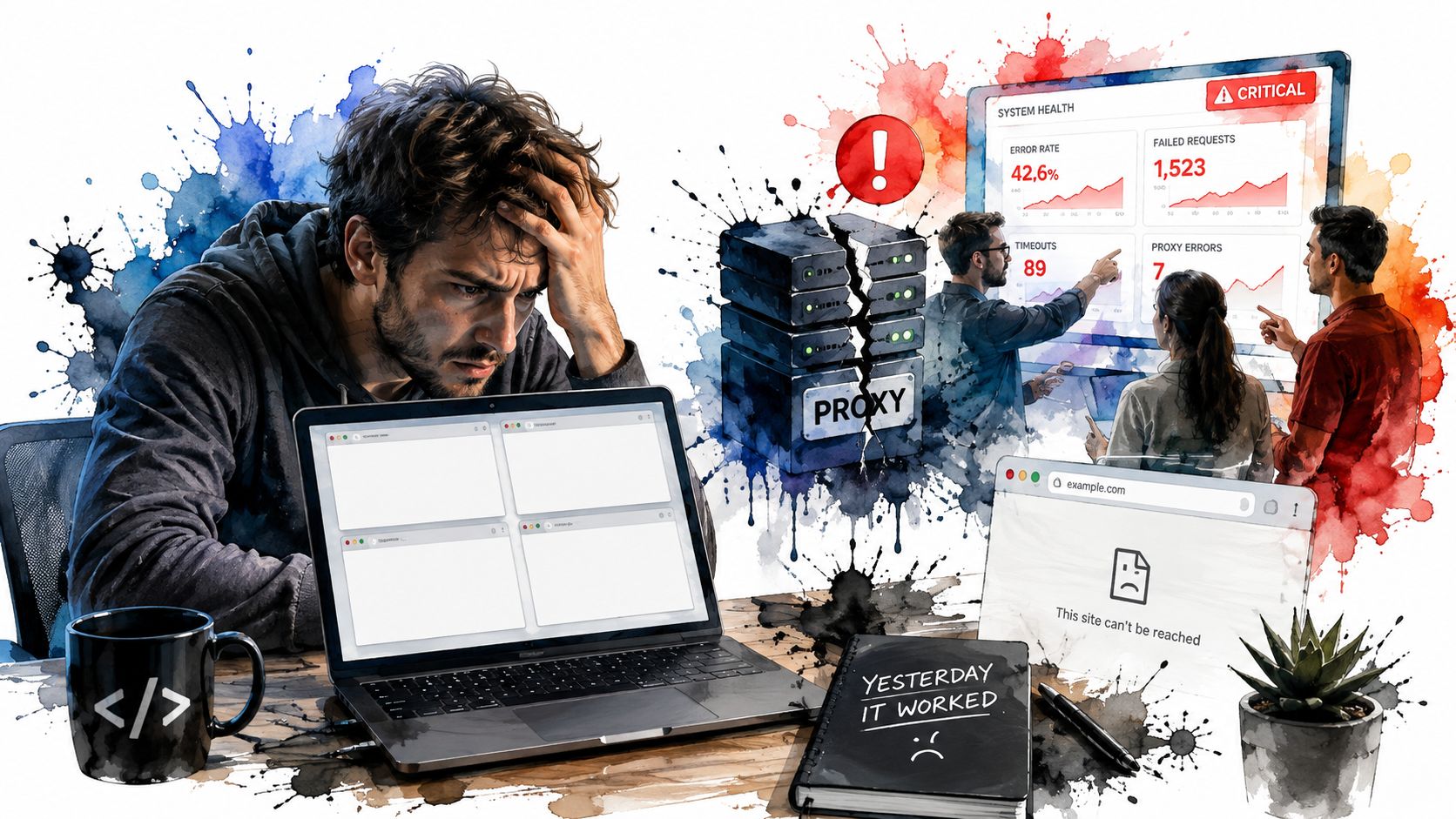 Stressed programmer looking at a broken web proxy system with critical failure statistics on screen.