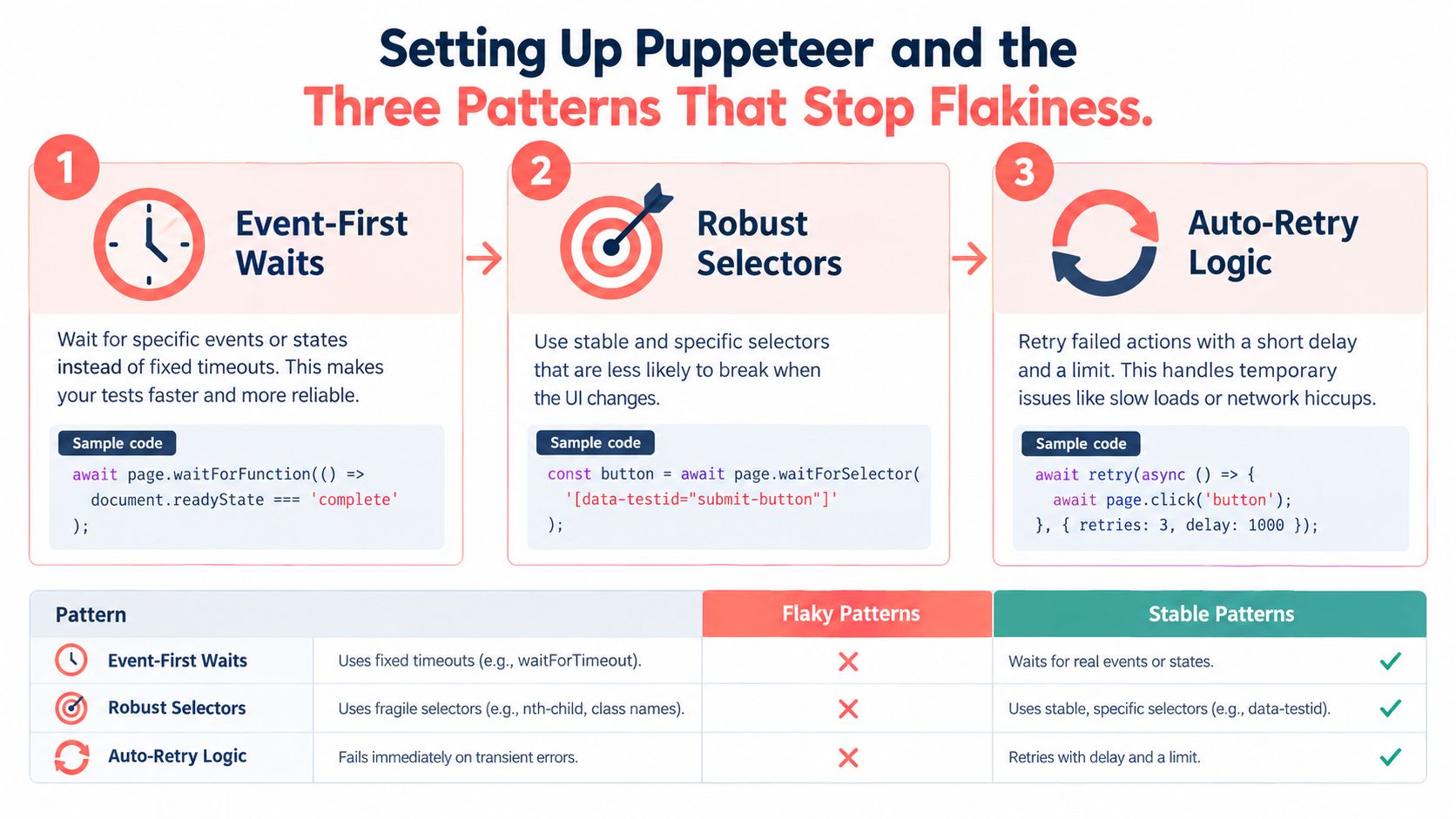 An infographic illustrating three key patterns to prevent flaky tests when setting up Puppeteer automation testing.