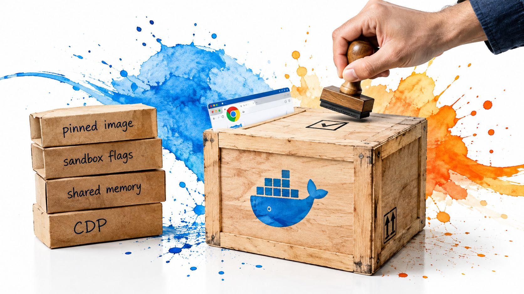 A hand using a rubber stamp on a wooden crate marked with a Docker logo for Puppeteer.