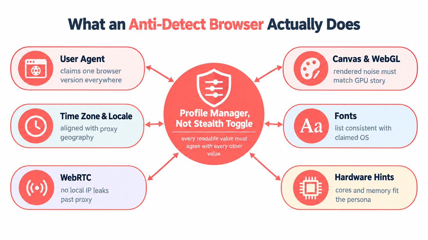 A diagram explaining how anti-detect browsers manage multiple system parameters to create a consistent and believable persona.