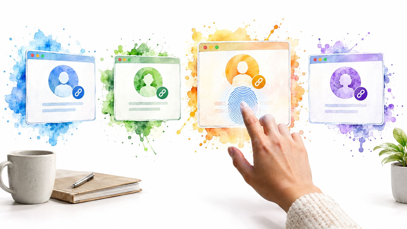 A hand interacts with a digital interface featuring user profile icons linked to biometric fingerprint authentication technology.