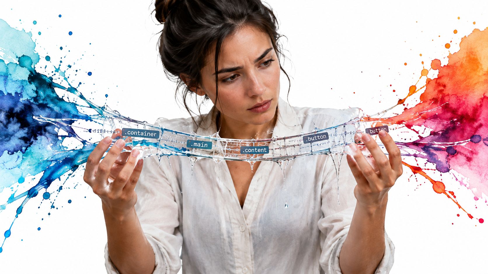 A woman examining a flexible, water-like UI element with CSS class labels floating between her hands.