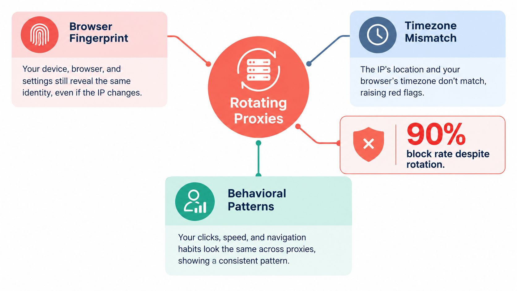 A diagram illustrating why rotating proxies alone fail due to browser fingerprinting, timezone mismatches, and behavioral patterns.