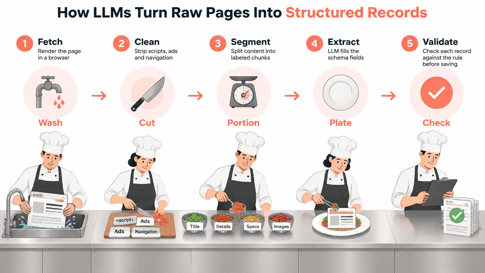 An infographic illustrating how LLMs transform raw web pages into structured data records using a chef metaphor.
