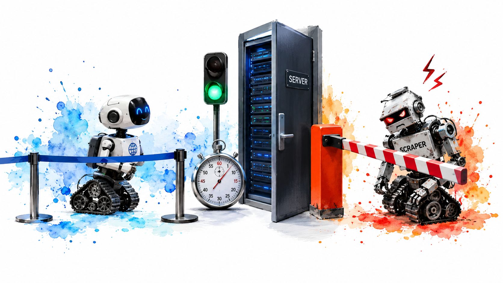 A friendly robot waits at a queue while a hostile scraper robot is blocked by a security gate.