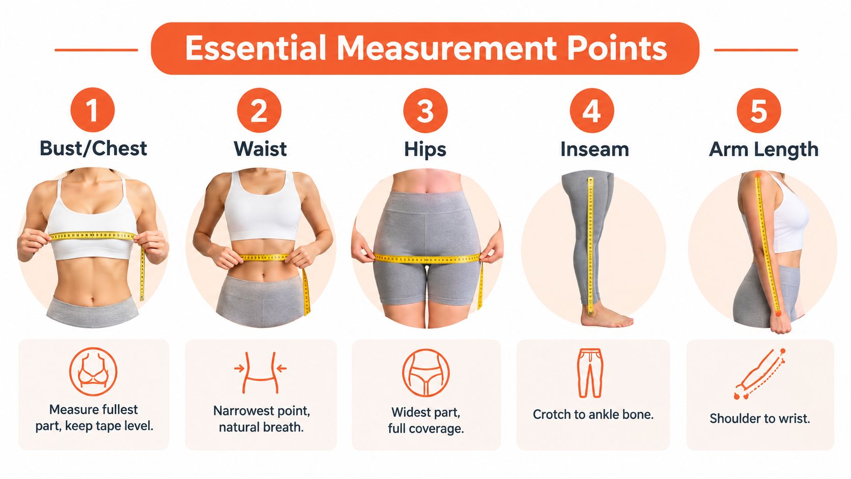A visual guide illustrating how to correctly take five essential body measurements for fitting clothing properly.