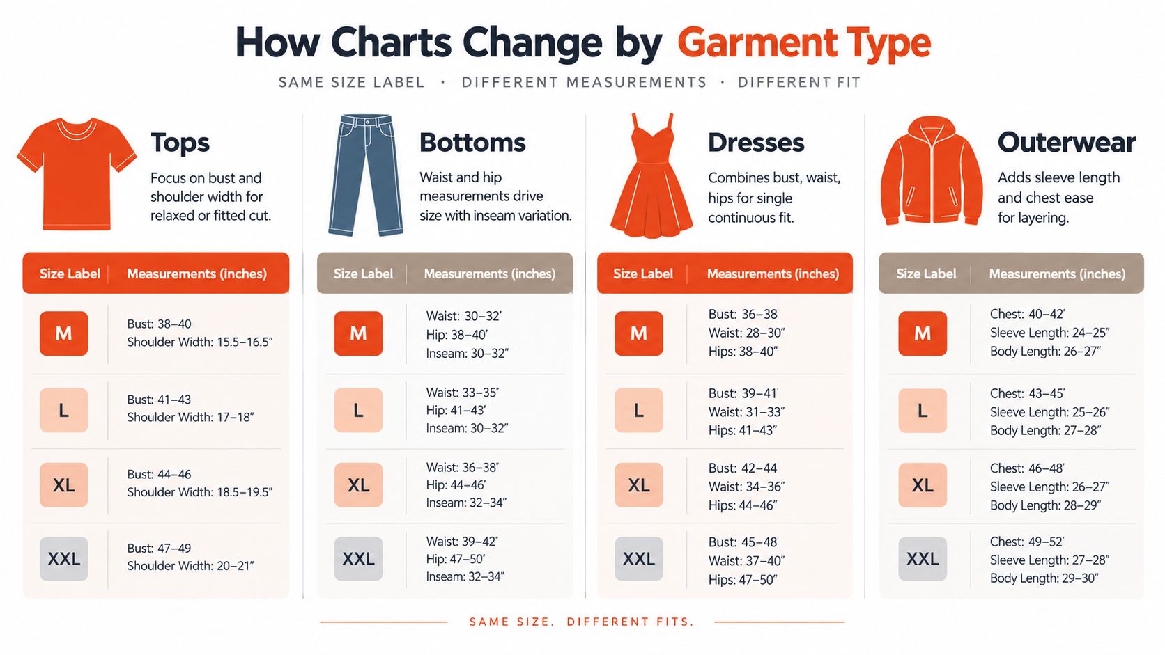 A chart showing how clothing size labels correspond to different measurements for tops, bottoms, dresses, and outerwear.
