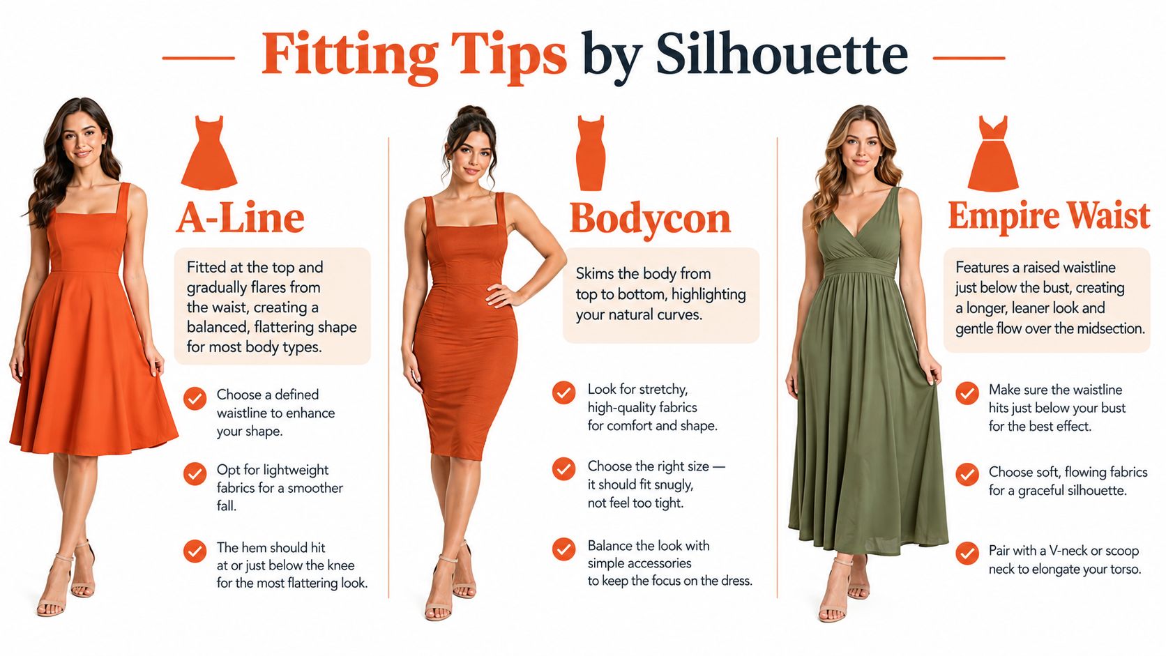 An infographic showing fitting tips for A-line, bodycon, and empire waist dress styles on three models.