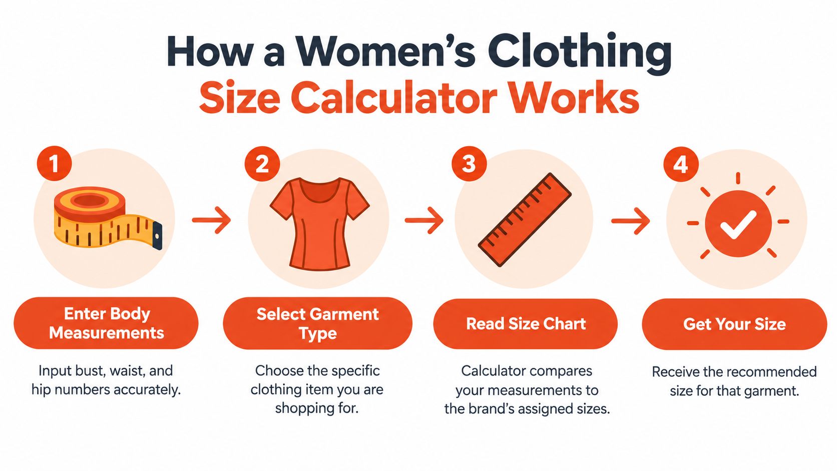 A four-step infographic illustrating how a women's clothing size calculator functions through body measurement and selection.