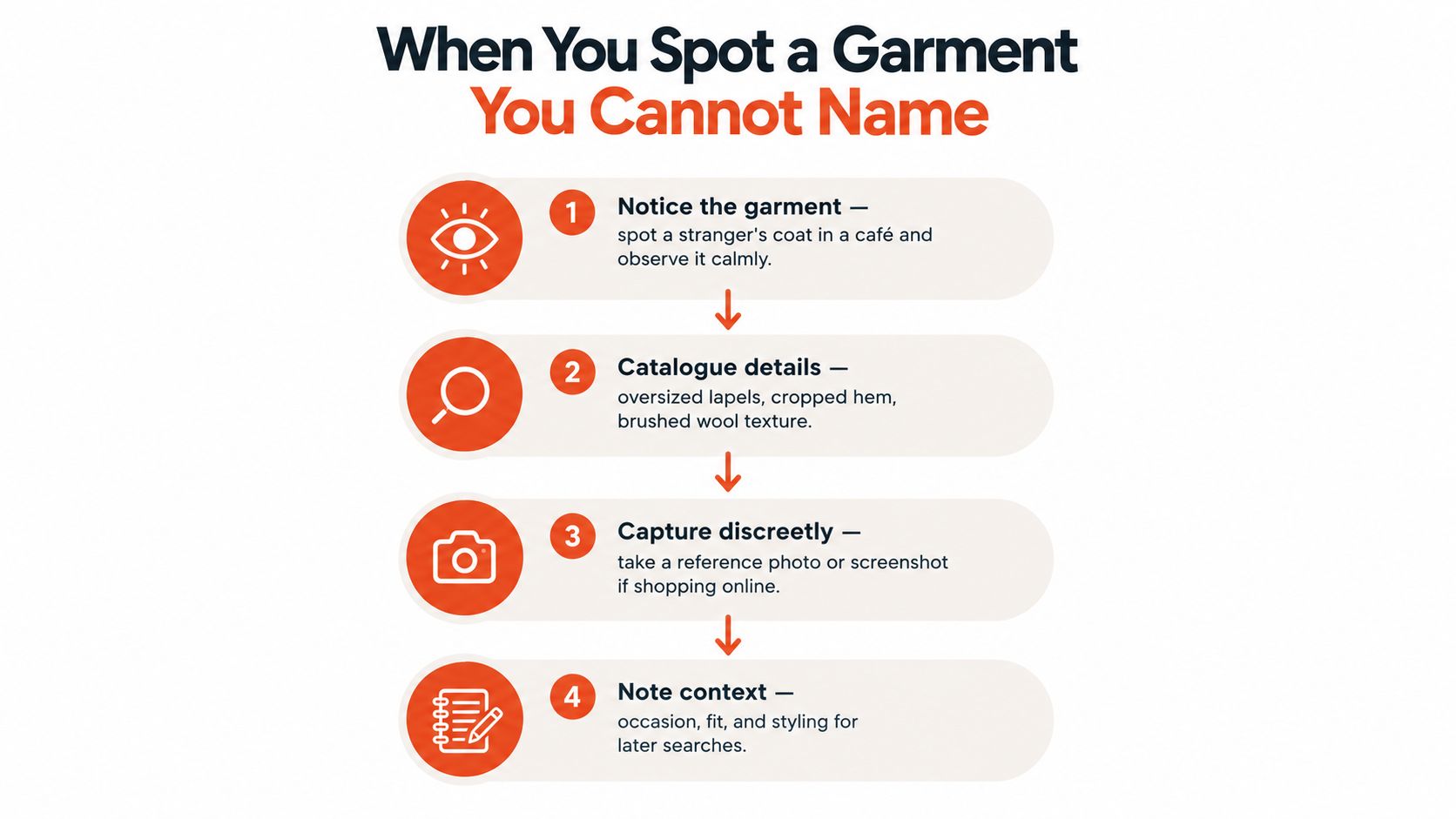 A four step infographic titled When You Spot a Garment You Cannot Name providing tips for identifying clothing.