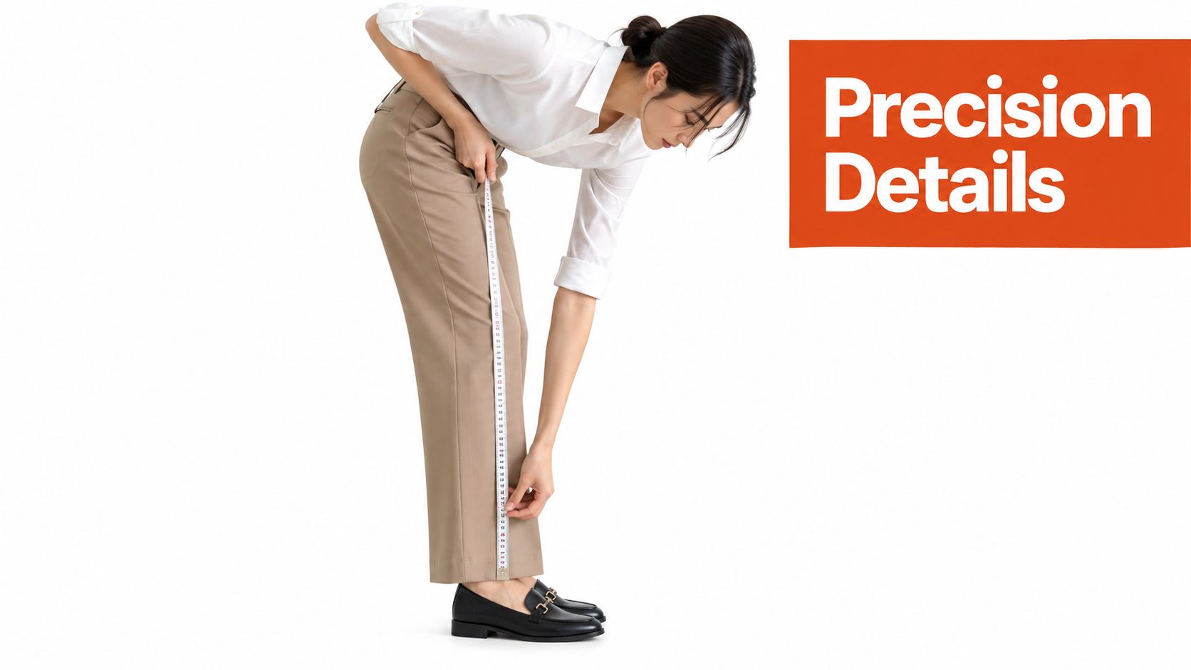 A woman measuring the inseam length of her beige trousers using a white tape measure.