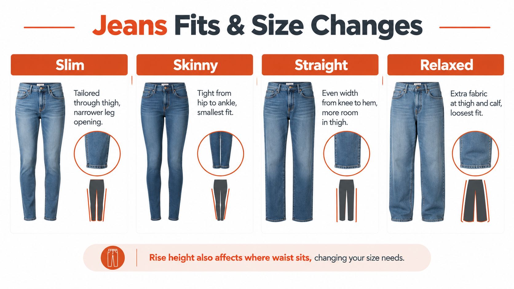 An infographic detailing four different types of women's jeans fits: Slim, Skinny, Straight, and Relaxed.