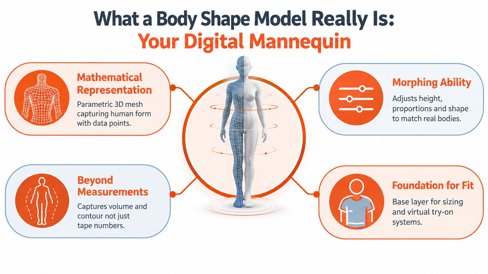 A diagram explaining body shape models as digital mannequins with mathematical representation, morphing ability, measurements, and fit foundation.