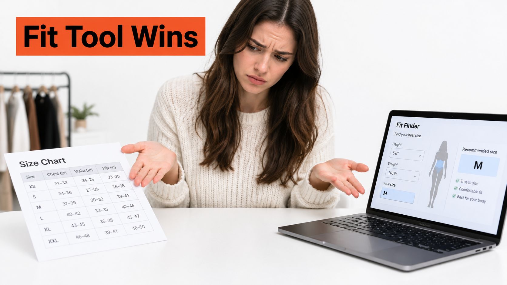 A woman looks confused while comparing a physical clothing size chart to an online virtual fitting tool.
