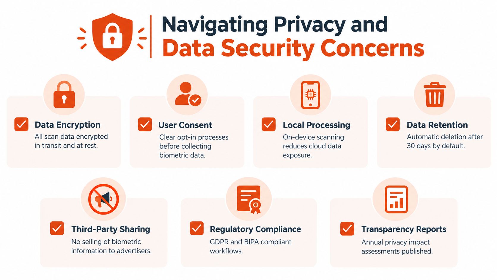 An infographic detailing seven key data privacy and security measures for biometric mobile body scanning technology.