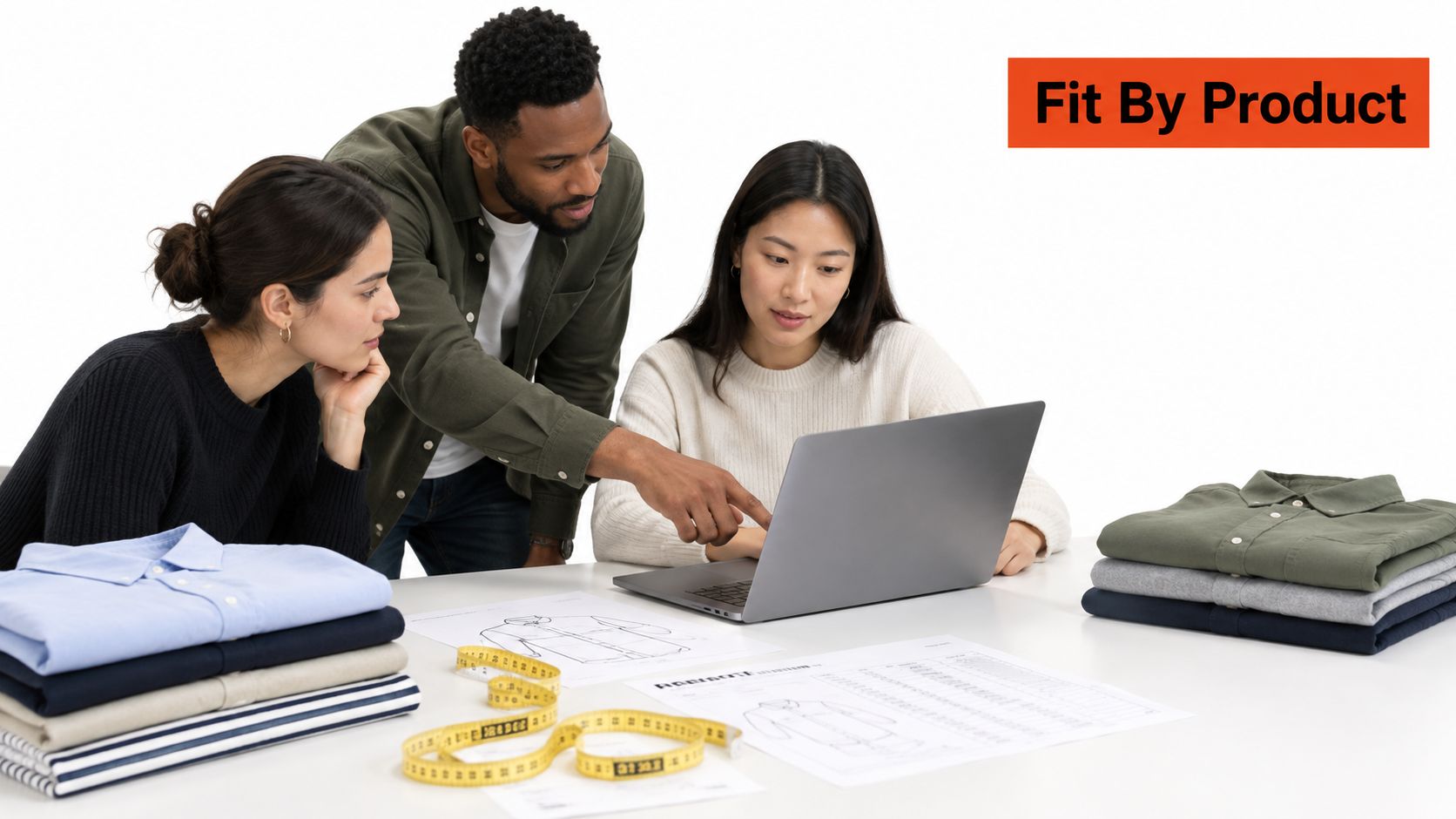 A diverse team discusses clothing fit specifications while reviewing garment sketches, measurements, and folded shirts at a table.