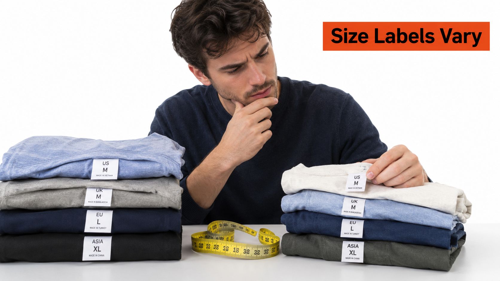 A man examines clothing stacks with varying regional sizing labels while sitting with a measuring tape.
