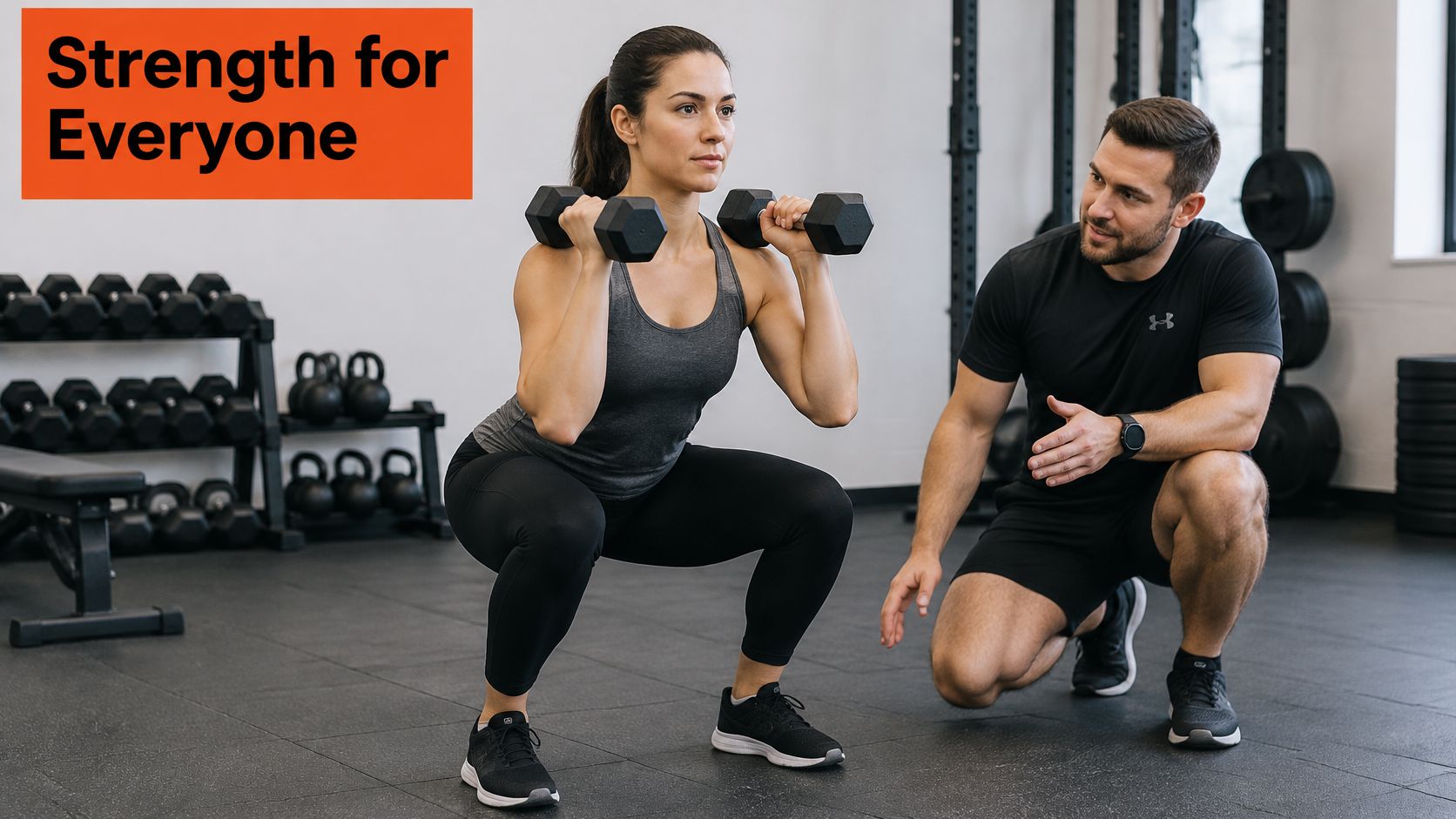 A fitness instructor guiding a female athlete during a weighted squat exercise at a modern gym.