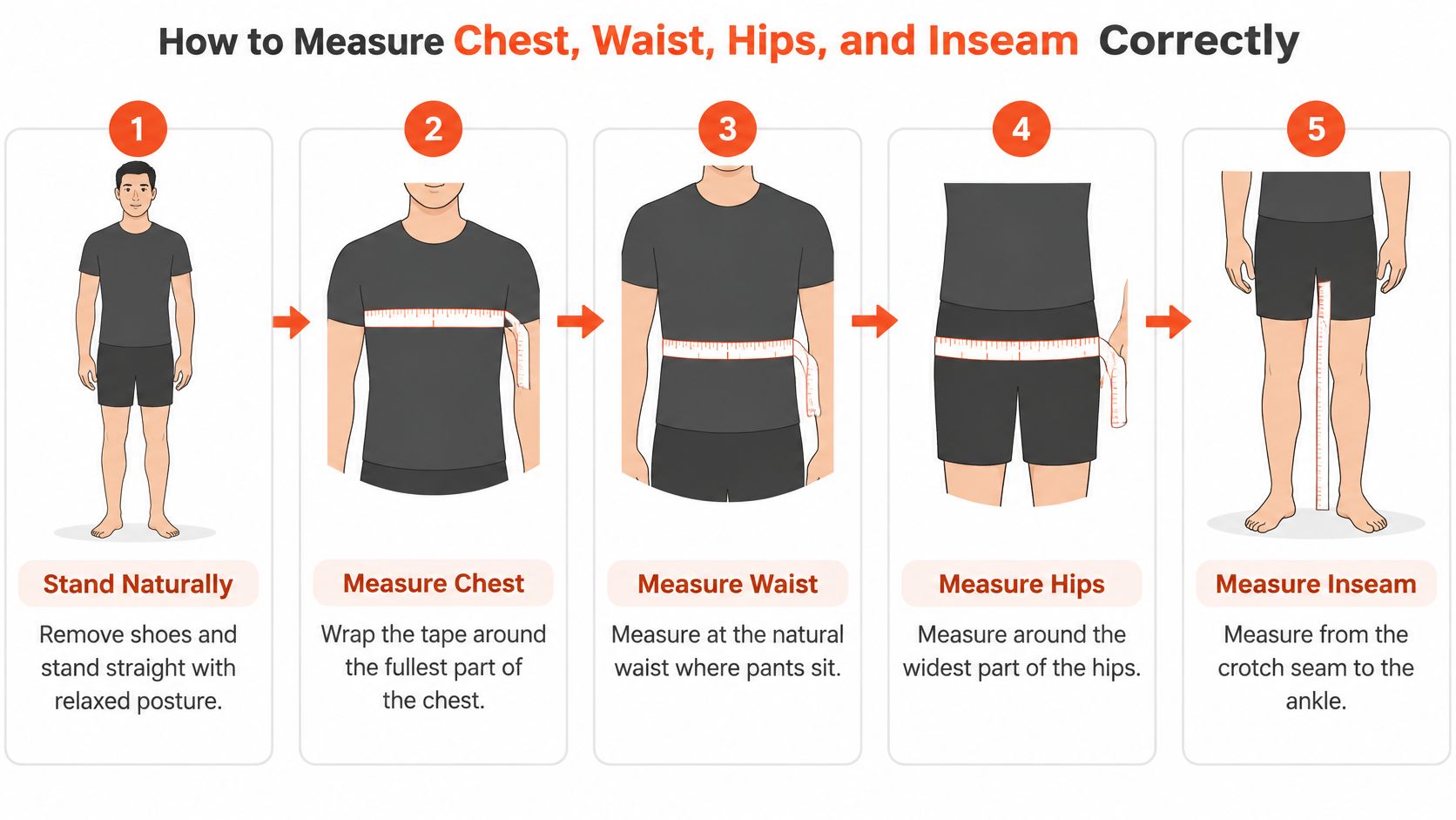 A five-step instructional infographic showing how to measure chest, waist, hips, and inseam for men's clothing.