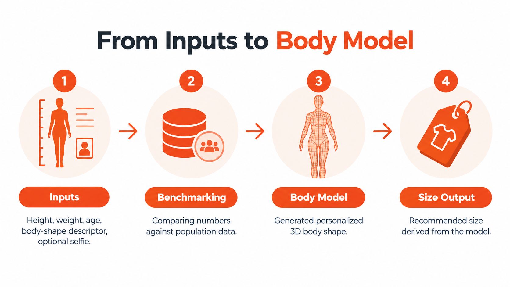 A four-step infographic illustrating the process of generating a personalized 3D body model from user input data.