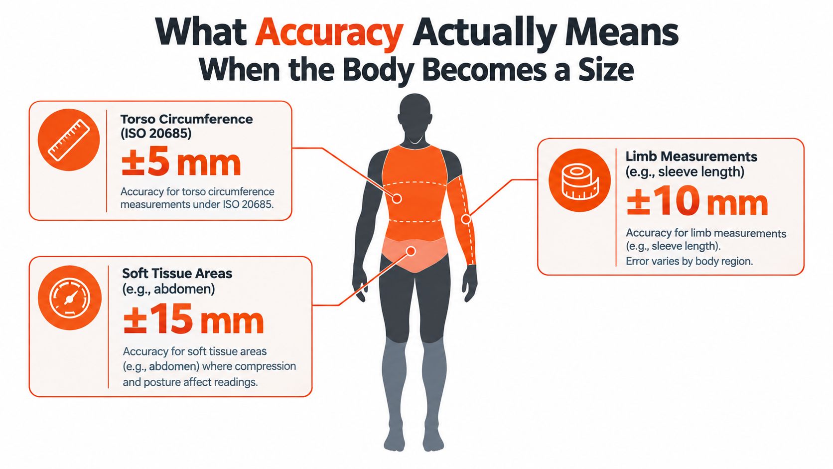 An infographic showing accuracy tolerances in millimeters for different human body measurements using 3D scanning technology.