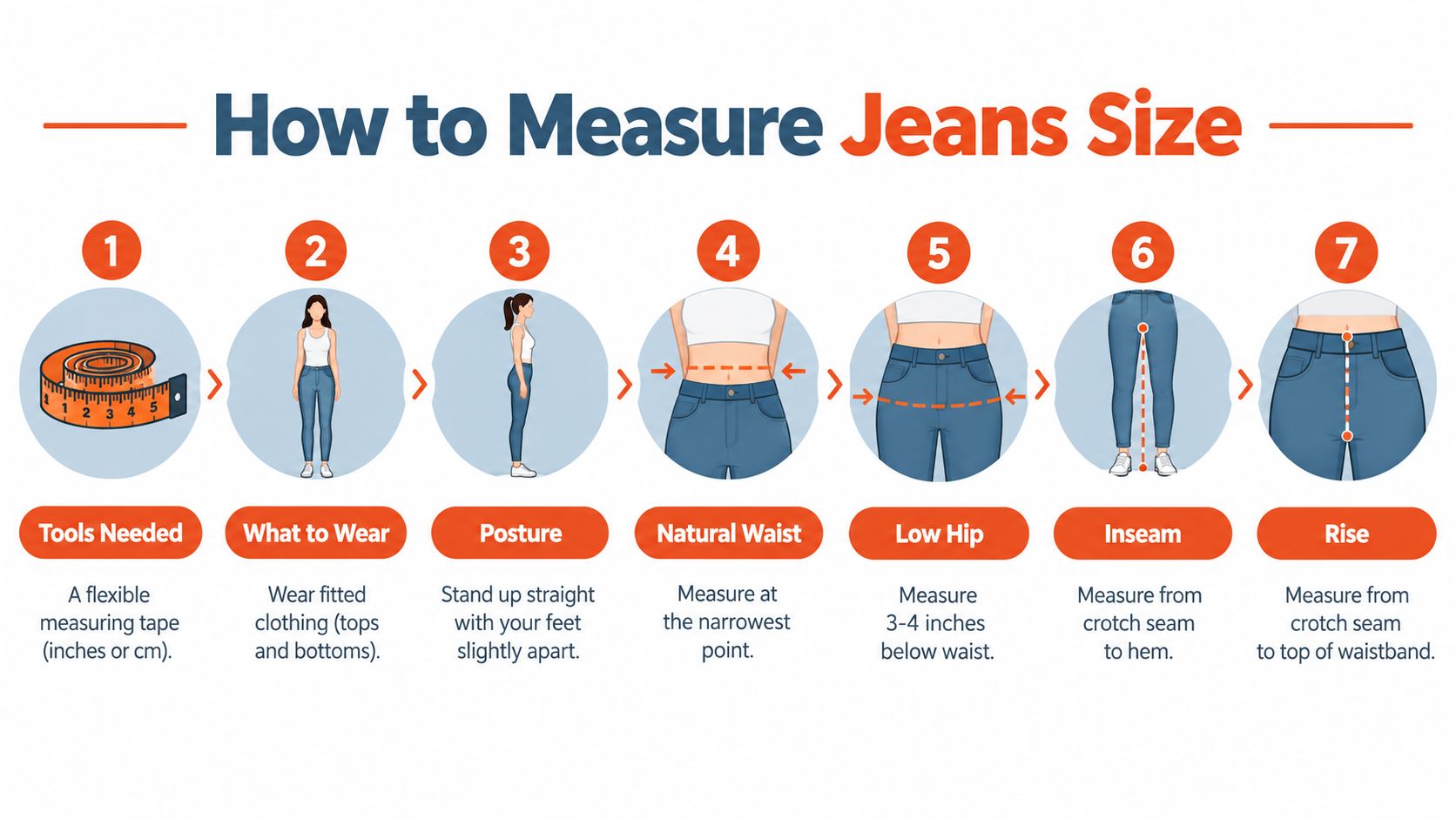 A step-by-step infographic guide illustrating the correct way to measure your body for finding jeans size.