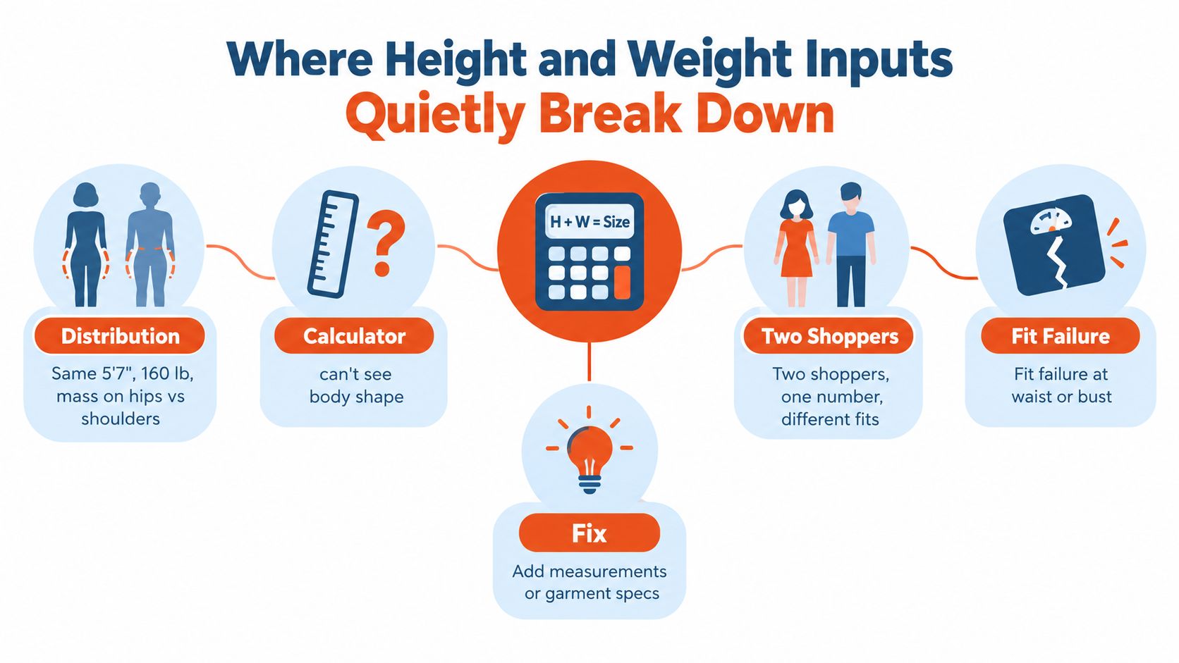 An infographic showing how height and weight inputs fail to accurately determine clothing size for different body shapes.