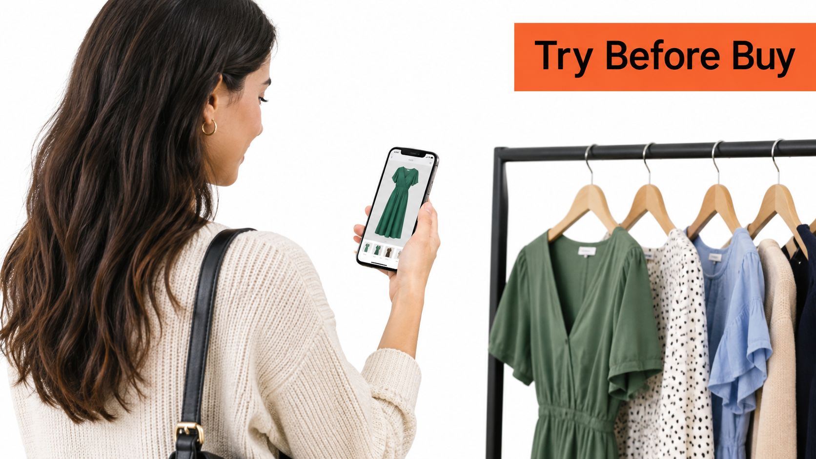 A woman using her smartphone to view a digital preview of a green dress via augmented reality.