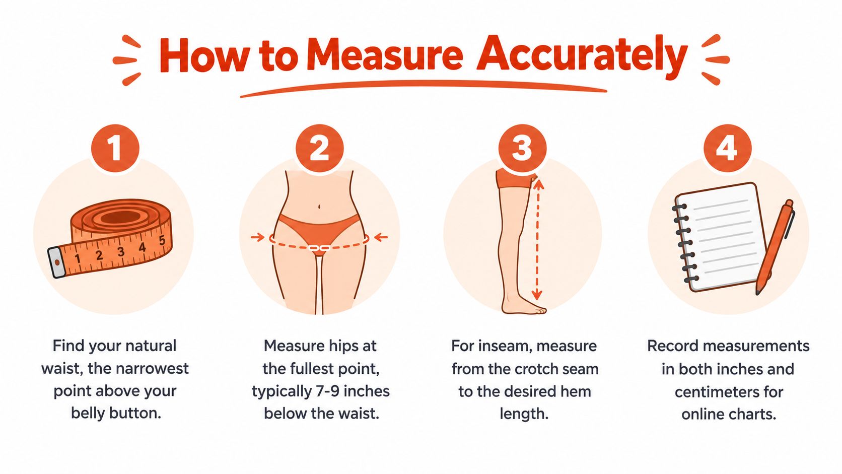 An infographic showing four steps for measuring body dimensions correctly to determine clothing and pant size.