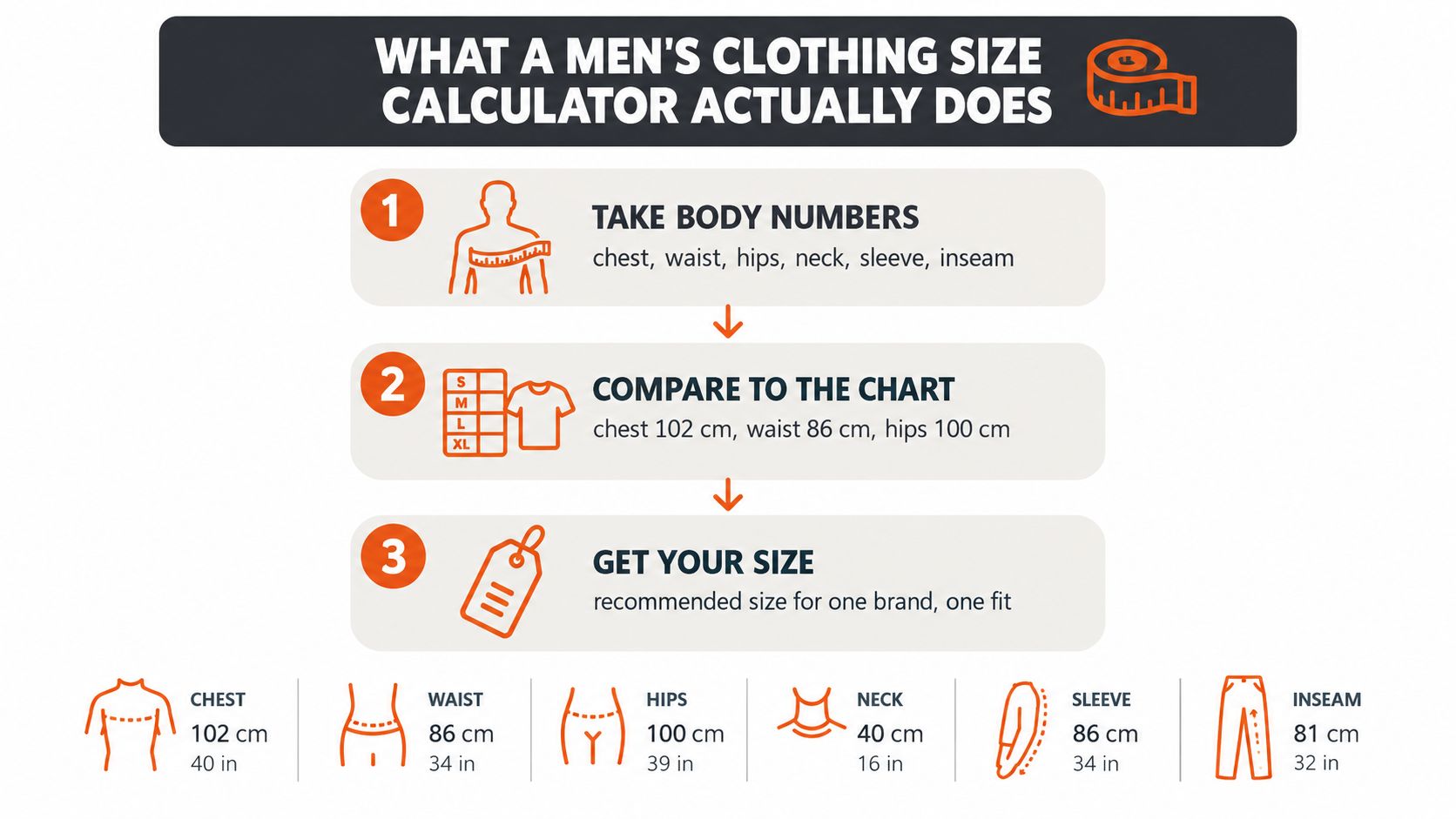 An infographic showing the three steps of using a men's clothing size calculator for proper measurement.