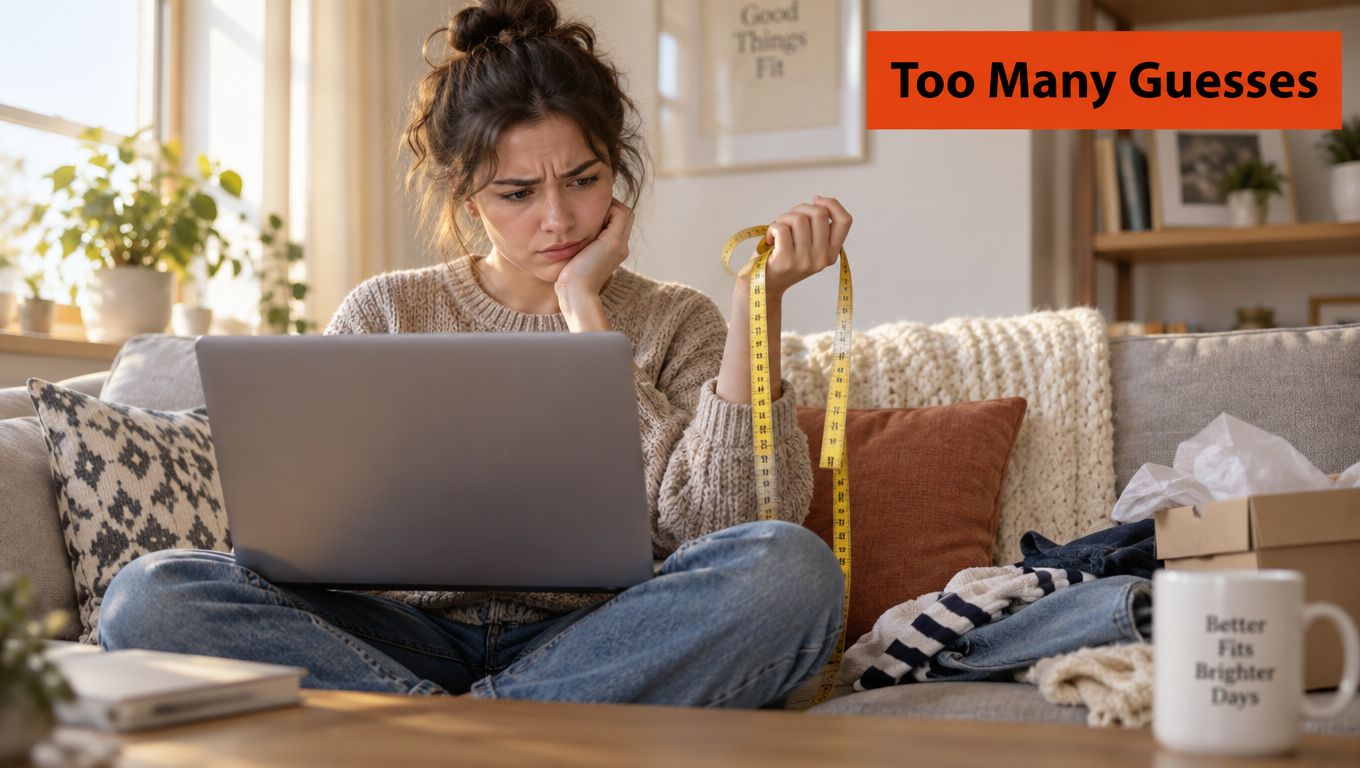 A young woman sits on a sofa looking frustrated while holding a yellow measuring tape and laptop.
